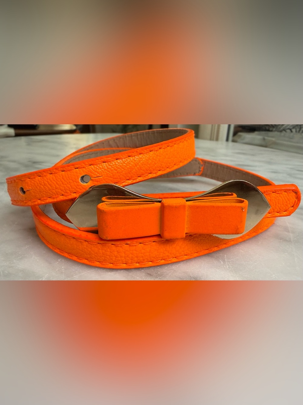 Hyde Orange & Gold Leather Bow Accent Skinny Belt Large NWOT